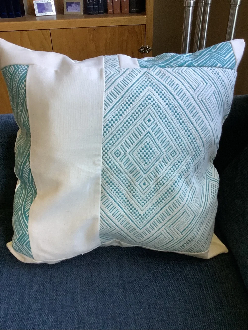 Hand Crafted Teal and White Geometric Accent Pillows - Pair